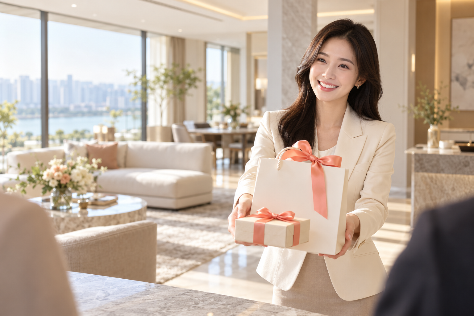 모델하우스 상담원이 리본 포장 사은품을 전하는 모습을 연출한 이미지